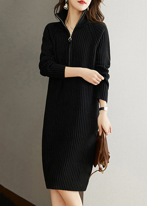 Women Black Zippered Patchwork Woolen Knit Dress Fall