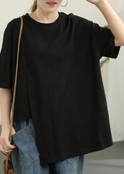 Women Black asymmetrical design Cotton Tee Summer - bagstylebliss