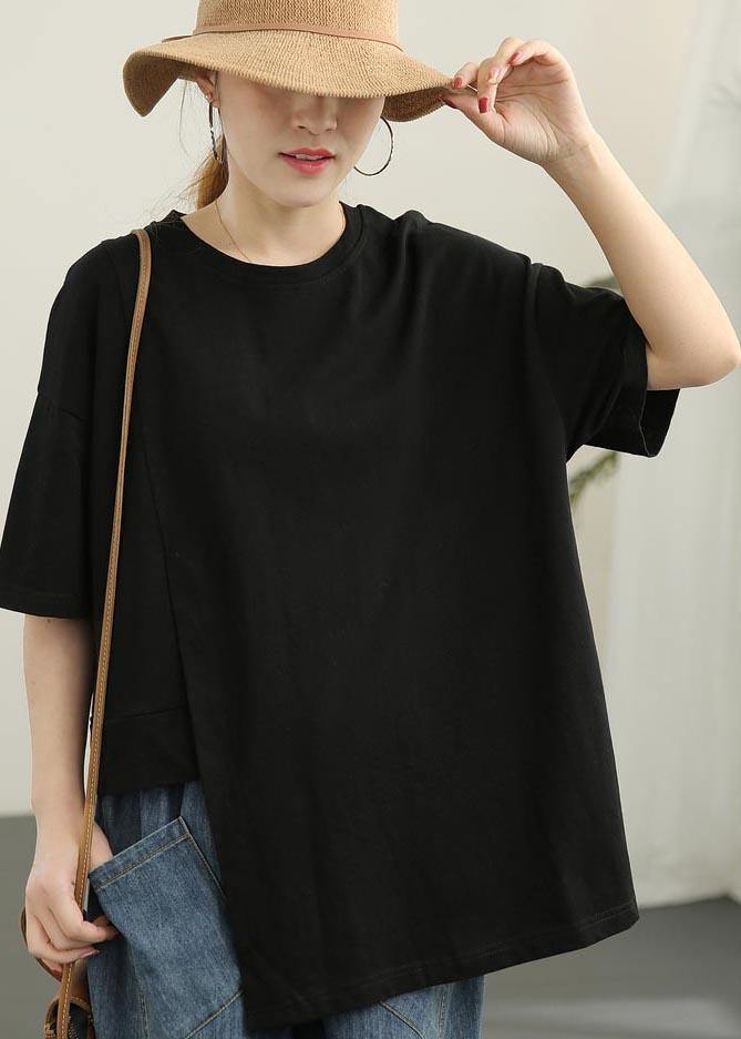 Women Black asymmetrical design Cotton Tee Summer - bagstylebliss