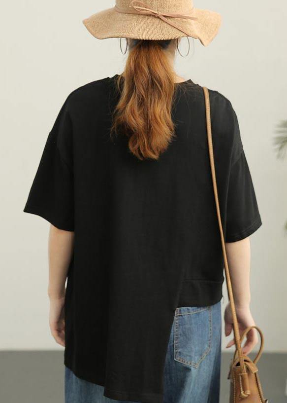 Women Black asymmetrical design Cotton Tee Summer - bagstylebliss