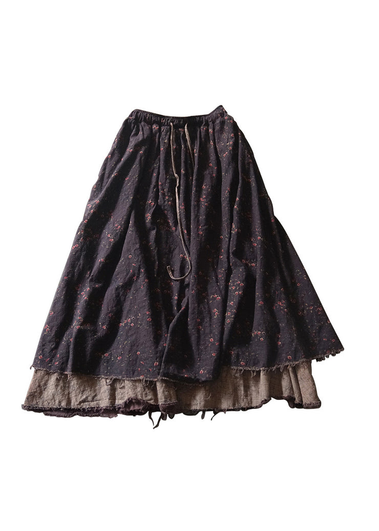 Women Black elastic waist drawstring print A Line Skirt Spring