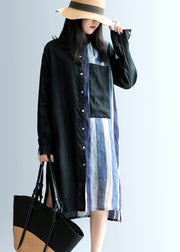 Women Black low high design Striped Linen long Shirt Spring