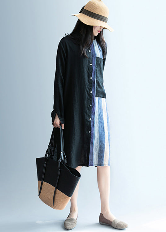 Women Black low high design Striped Linen long Shirt Spring