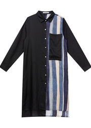 Women Black low high design Striped Linen long Shirt Spring