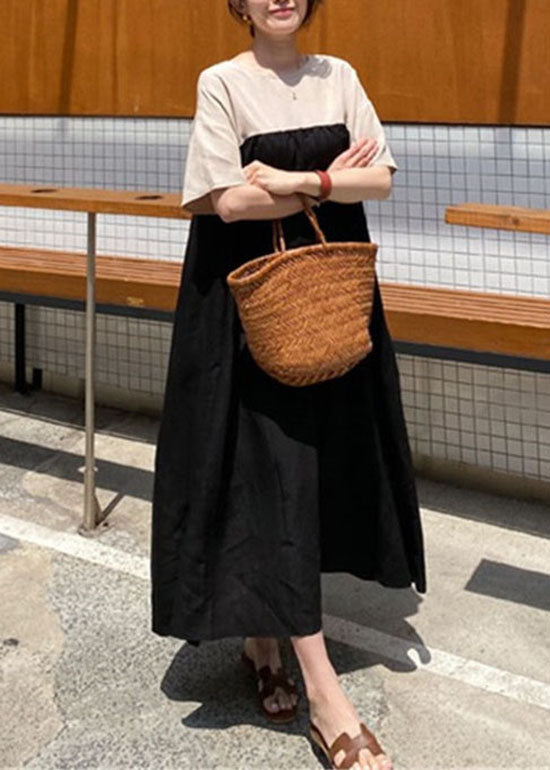 Women Black side open Patchwork Dress Short Sleeve