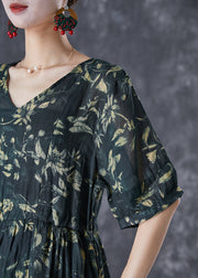 Women Blackish Green Cinched Print Linen Maxi Dress Summer