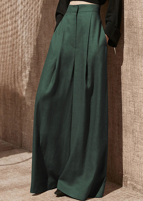 Women Blackish Green Pockets High Waist Patchwork Cotton Wide Leg Pants Fall