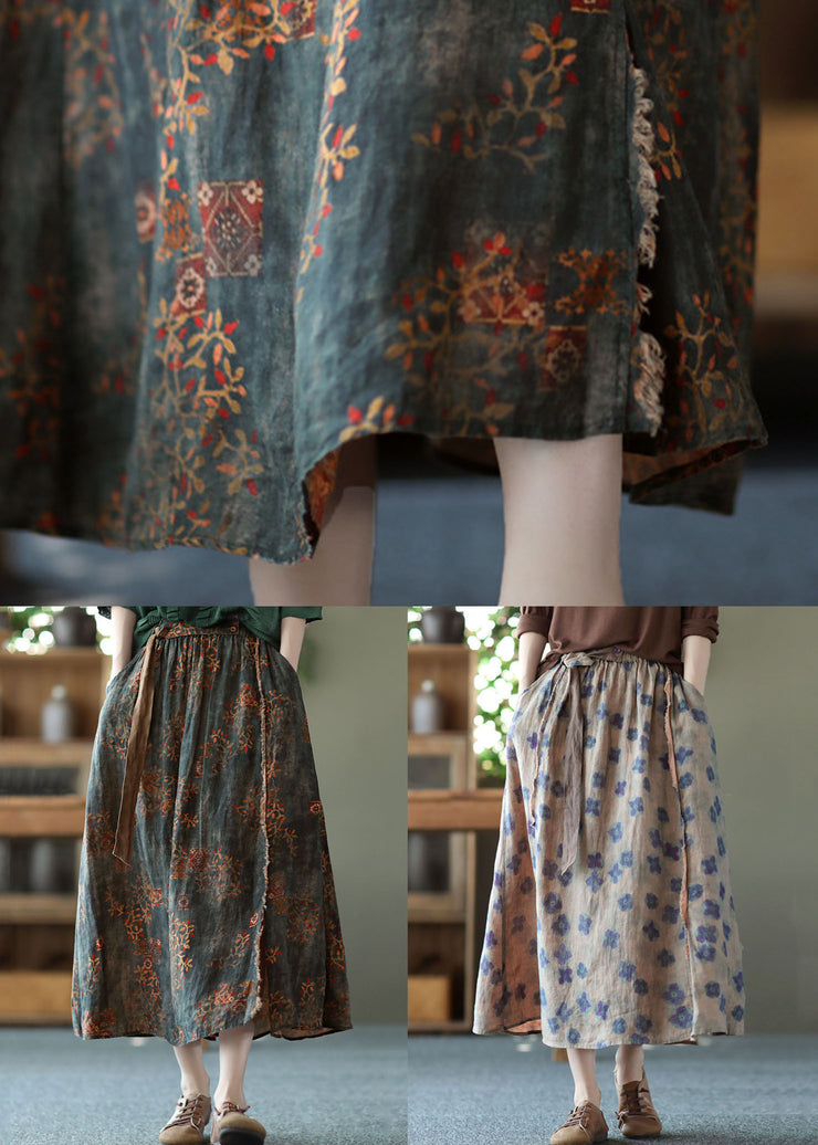 Women Blackish Green Wrinkled Pockets Patchwork Linen Skirts Summer