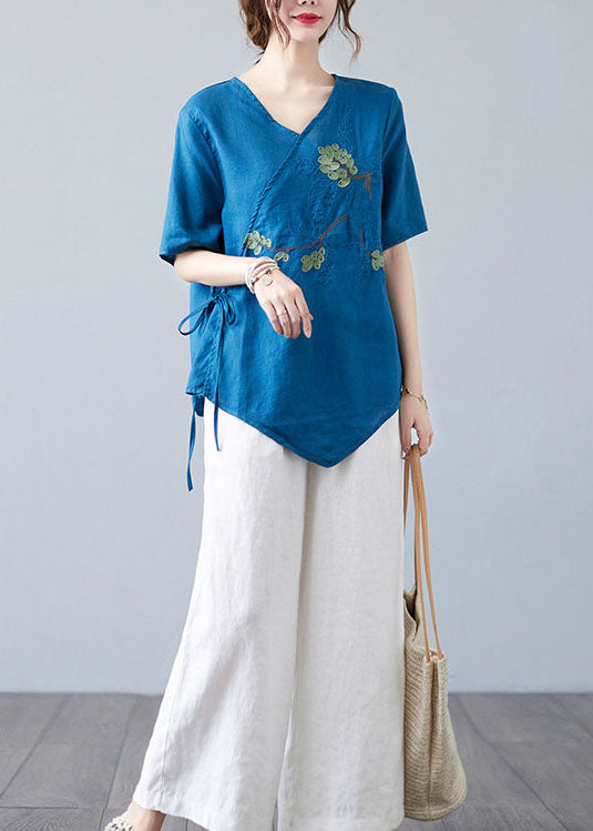 Women Blue Asymmetrical  Shirt Tops Half Sleeve