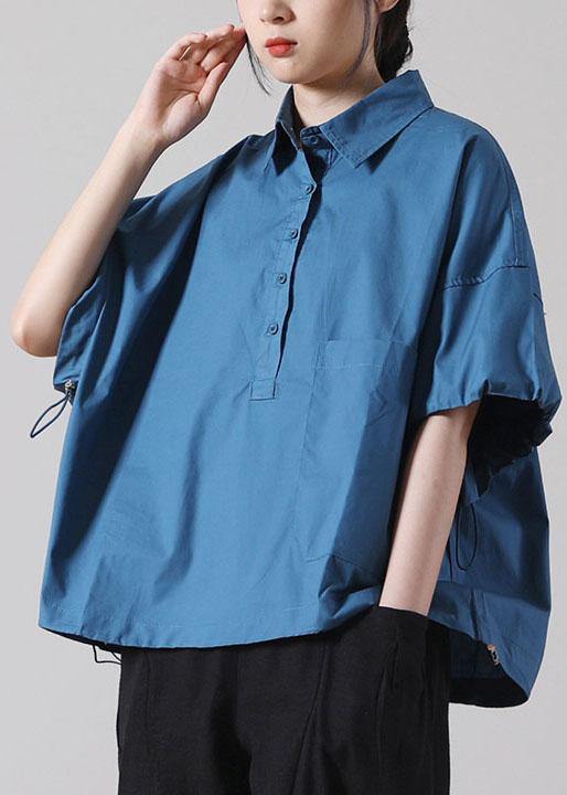 Women Blue Cinched Cotton Short Sleeve Shirts - bagstylebliss
