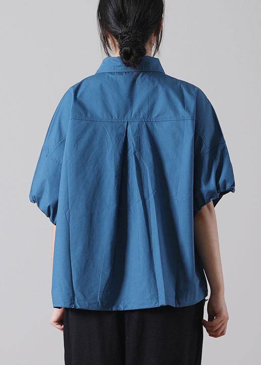 Women Blue Cinched Cotton Short Sleeve Shirts - bagstylebliss