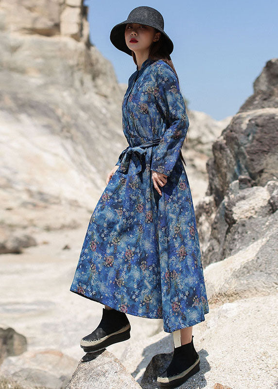 Frauen Blau Cinched Print Lange Kleider Frühling