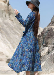 Women Blue Cinched Print Long Dresses Spring