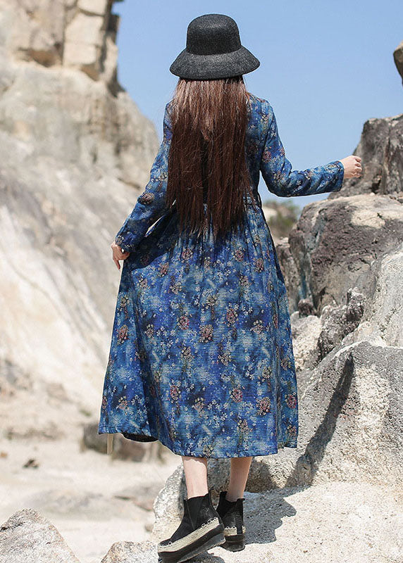 Women Blue Cinched Print Long Dresses Spring