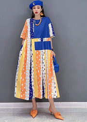 Women Blue Dot Print Patchwork Cotton Pleated Long Dress Short Sleeve