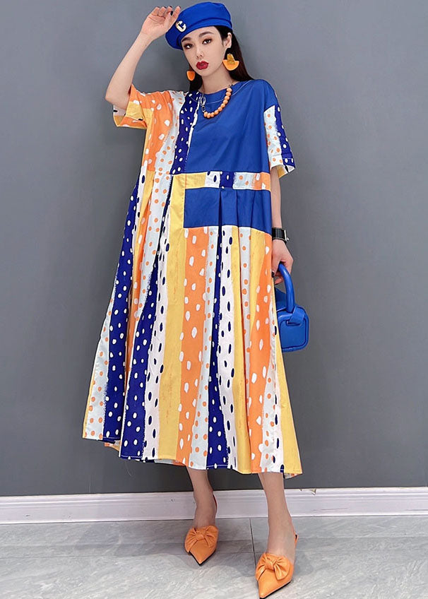 Women Blue Dot Print Patchwork Cotton Pleated Long Dress Short Sleeve