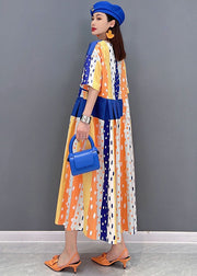 Women Blue Dot Print Patchwork Cotton Pleated Long Dress Short Sleeve