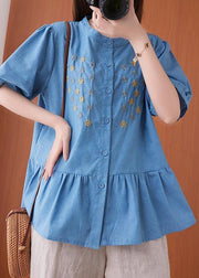 Women Blue Embroideried O-Neck Cotton Summer Shirts - bagstylebliss