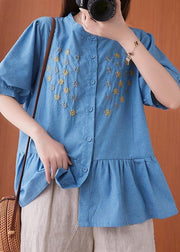 Women Blue Embroideried O-Neck Cotton Summer Shirts - bagstylebliss