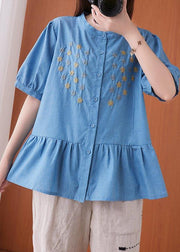 Women Blue Embroideried O-Neck Cotton Summer Shirts - bagstylebliss