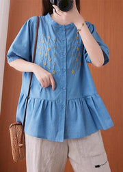 Women Blue Embroideried O-Neck Cotton Summer Shirts - bagstylebliss