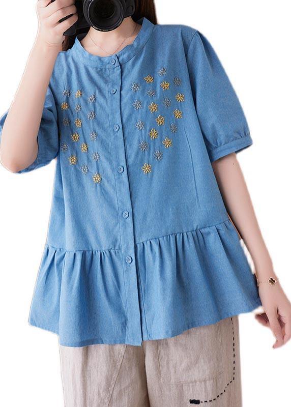 Women Blue Embroideried O-Neck Cotton Summer Shirts - bagstylebliss