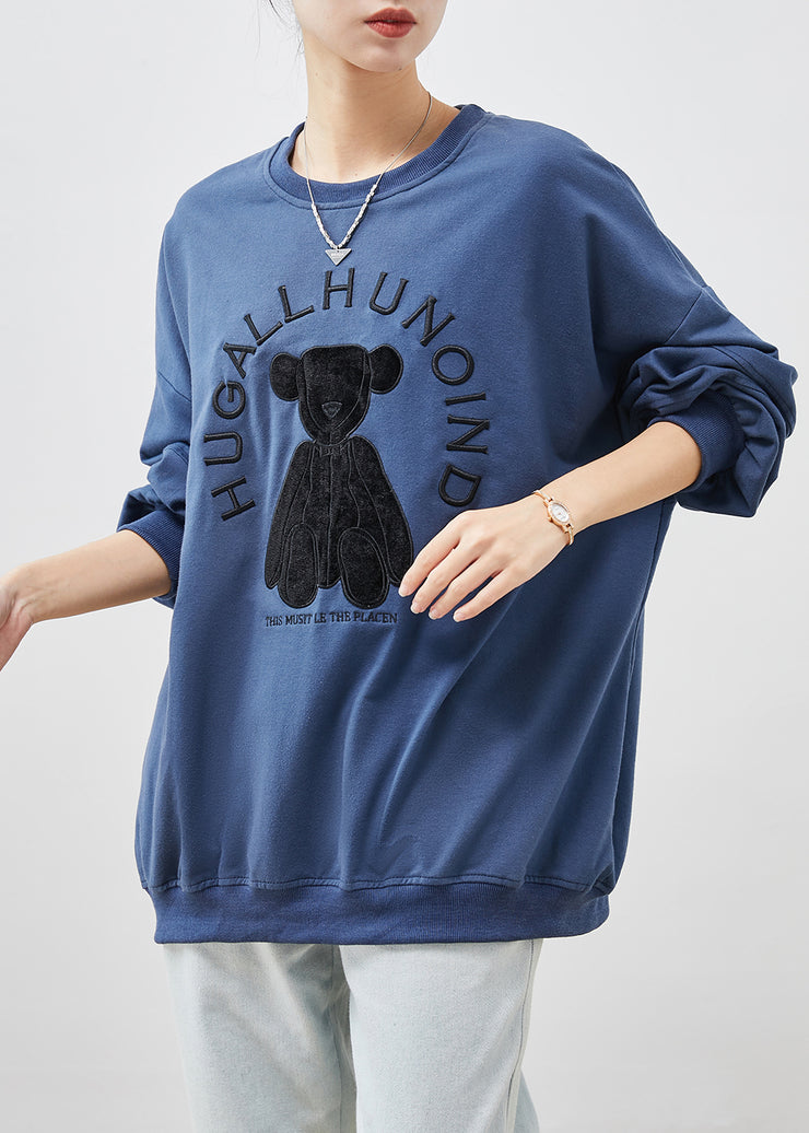 Women Blue Embroideried Oversized Cotton Pullover Streetwear Spring