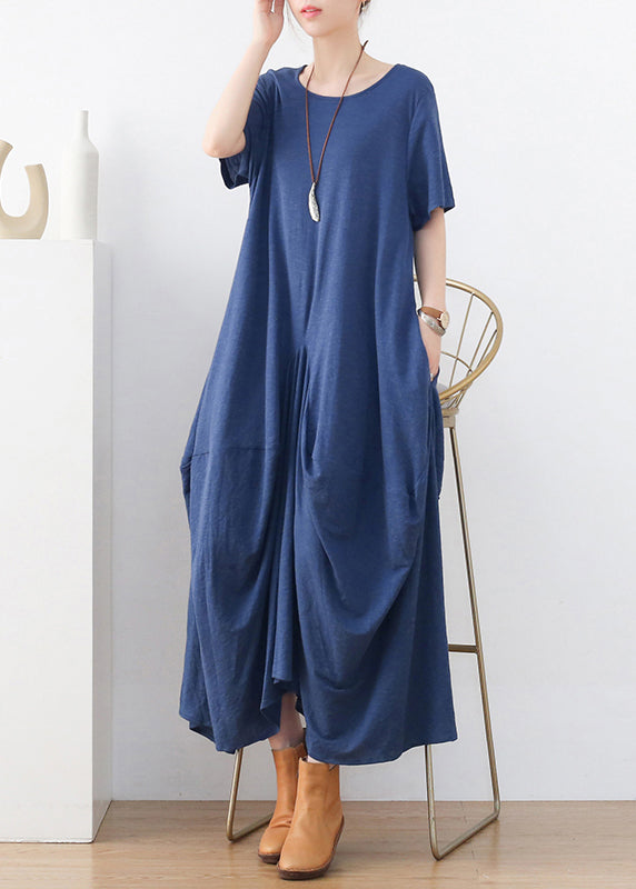 Women Blue Exra Large Hem Pockets Cotton Long Dresses Short Sleeve