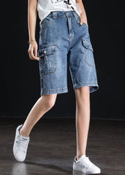 Frauen Blau Hohe Taille Übergroße Taschen Baumwolle Gerade Shorts Sommer