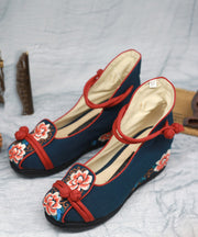 Women Blue High Wedge Heels Shoes Wedge Embroideried Comfy Cotton Fabric Buckle Strap High Wedge Heels Shoes