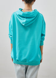 Women Blue Hooded PocketsPrint Cotton Sweatshirt Streetwear Fall