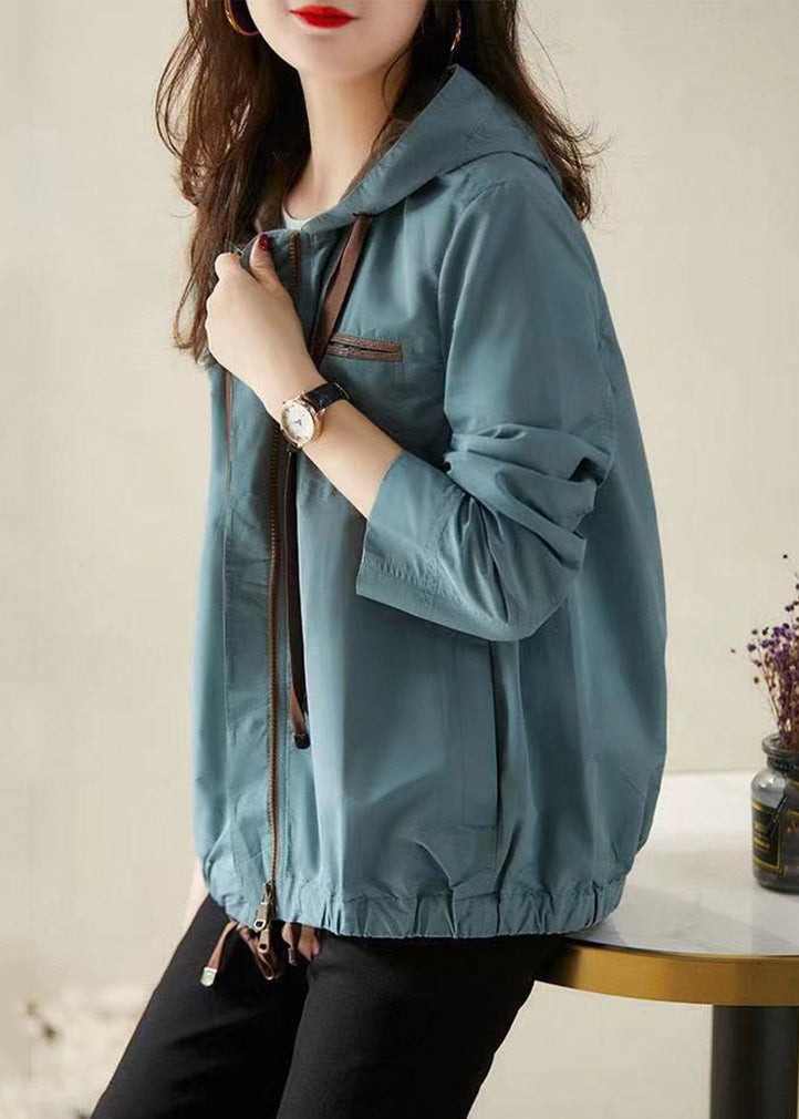 Women Blue Hooded Zippered Pockets Cotton Coat Fall