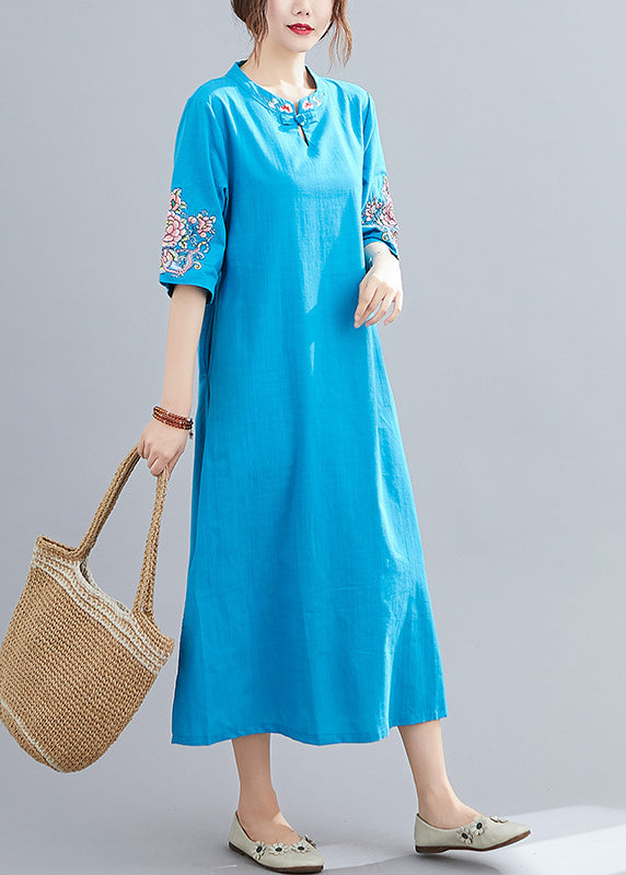 Women Blue Mandarin Collar side open Embroideried Dress Half Sleeve