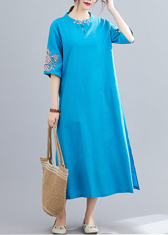 Women Blue Mandarin Collar side open Embroideried Dress Half Sleeve