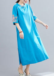 Women Blue Mandarin Collar side open Embroideried Dress Half Sleeve