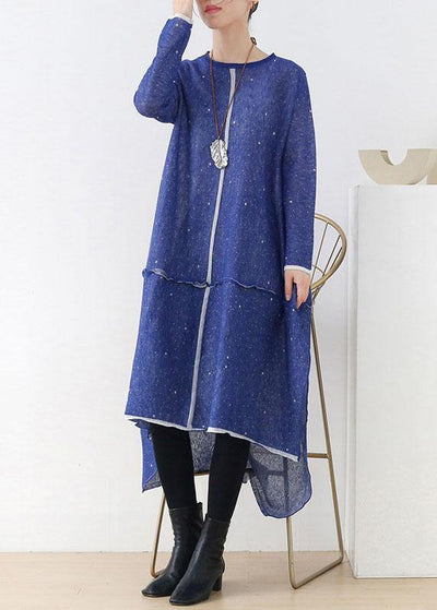 Women Blue O-Neck Pockets Fall Knit Dress - bagstylebliss