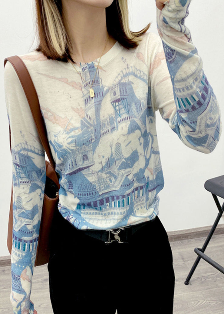 Women Blue O Neck Print Patchwork Knitting Cotton Top Long Sleeve