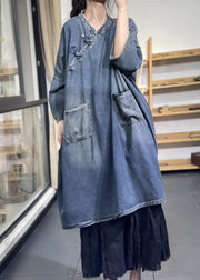 Women Blue Oversized Chinese Button Denim Long Dress Spring