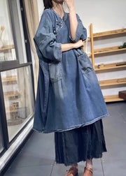 Women Blue Oversized Chinese Button Denim Long Dress Spring