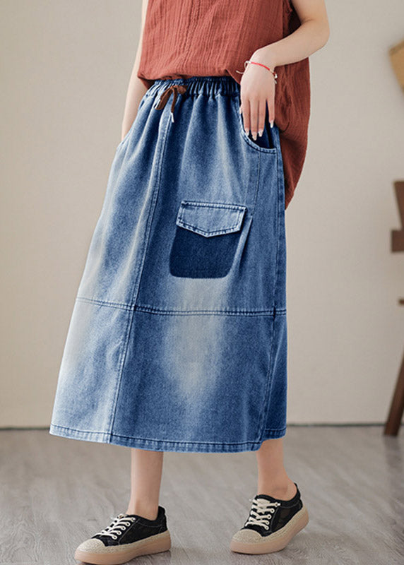 Women Blue Patchwork Drawstring Elastic Waist Denim Skirts Summer