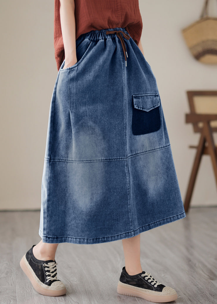 Women Blue Patchwork Drawstring Elastic Waist Denim Skirts Summer