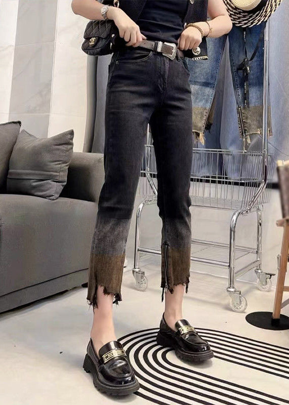 Women Blue Patchwork High Waist Crop Straight Pants