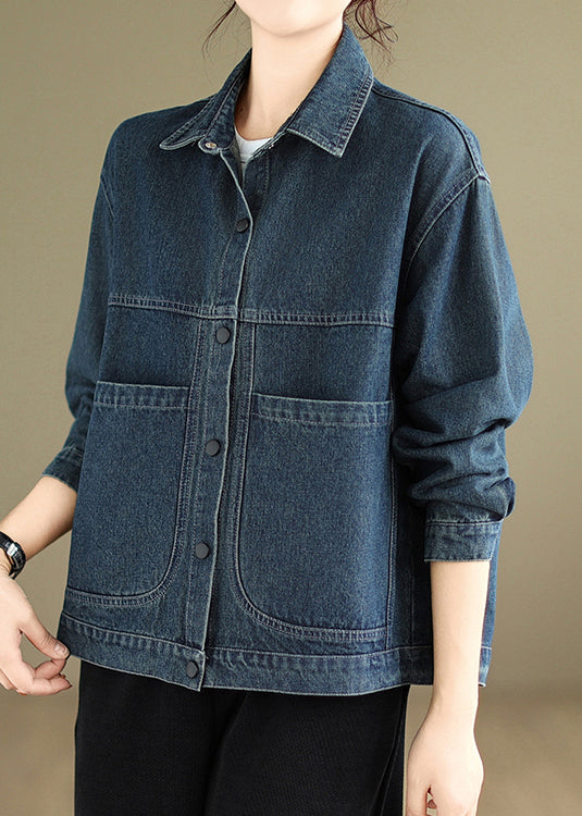 Women Blue Peter Pan Collar Pockets Warm Fleece Denim Coat Winter