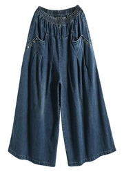 Women Blue Pockets Patchwork Wide Leg Jeans Spring