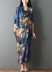 Women Blue Pockets Print asymmetrical design Fall Dress Half Sleeve