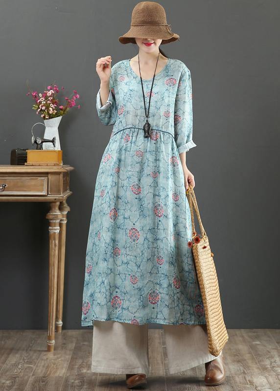 Women Blue Print Dresses O Neck Cinched Maxi Spring Dresses - bagstylebliss