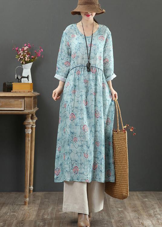 Women Blue Print Dresses O Neck Cinched Maxi Spring Dresses - bagstylebliss