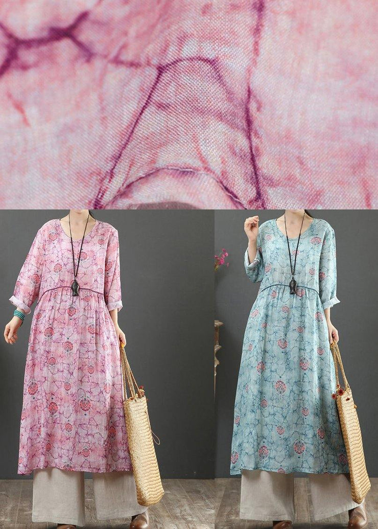 Women Blue Print Dresses O Neck Cinched Maxi Spring Dresses - bagstylebliss