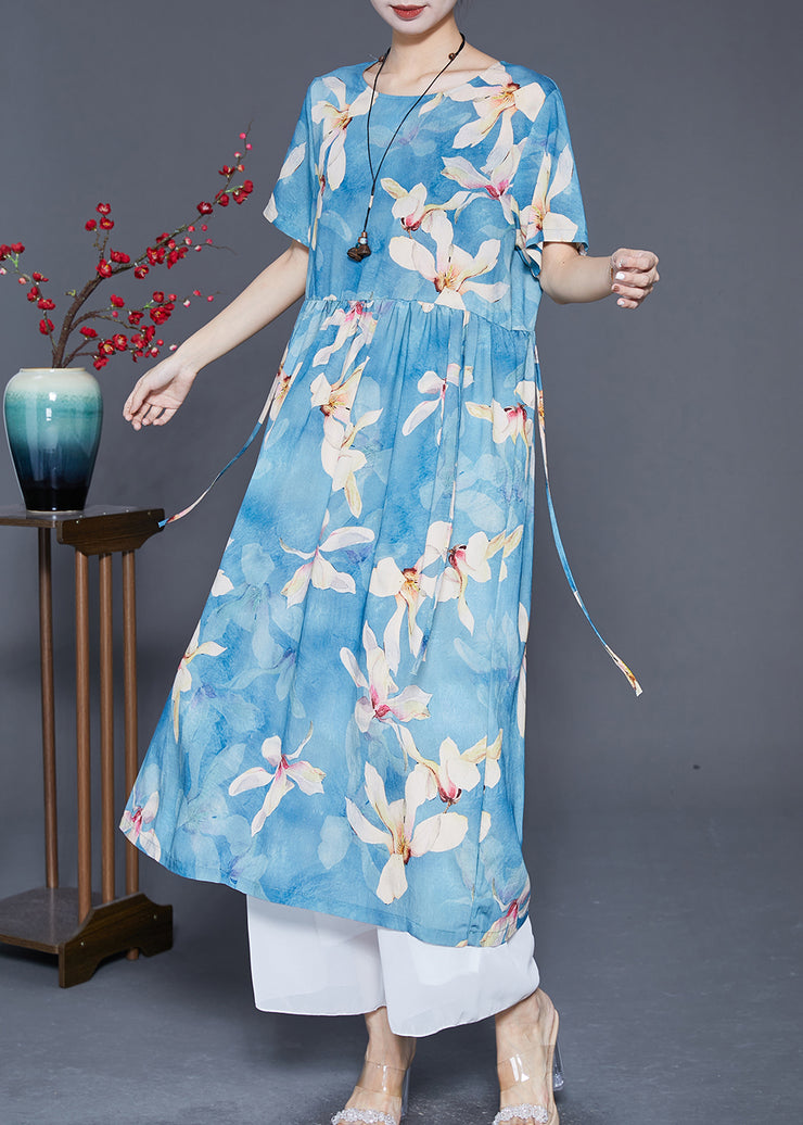 Women Blue Print Exra Large Hem Linen Vacation Dresses Summer