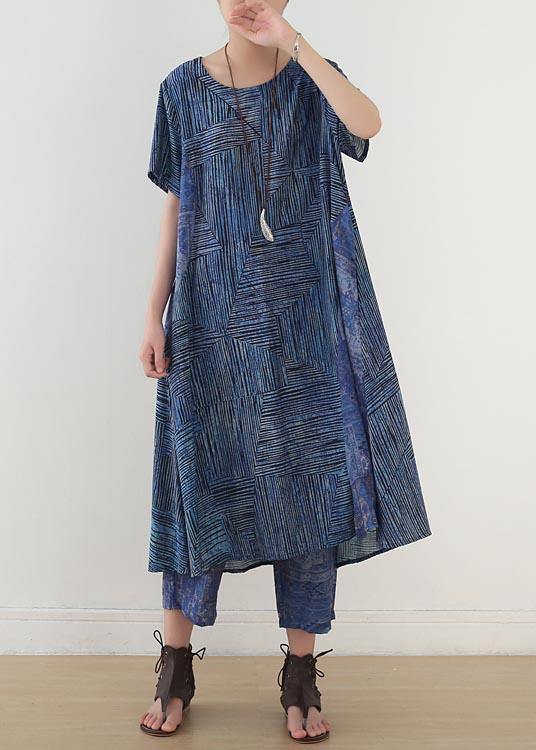 Women Blue Print Linen Dress Short Sleeve Summer Two Piece Set Women Clothing - bagstylebliss